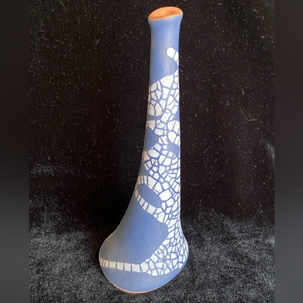 🖤 Modernist Red Clay Crackle Glaze Cobalt Blue Single Stem Bud Vase
